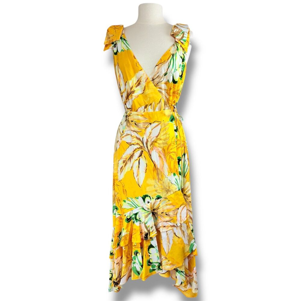 Adelyn Rae Yellow Tropical Floral Wrap Dress Hi-Lo Maxi Small